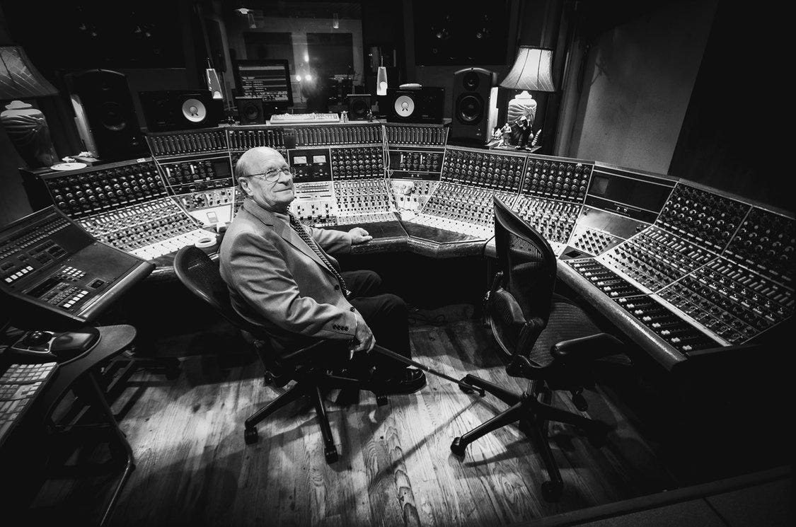 Rupert Neve in front of famous console at The Magic Shop recording studio, New York City.