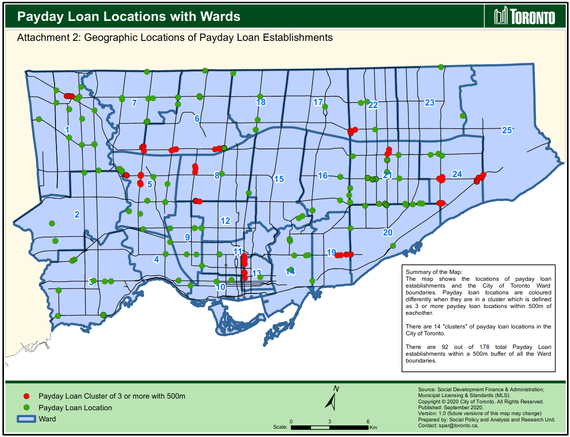 A City of Toronto-produced map of payday loan locations, with clusters of 3 or more within 500m of each other highlighted.