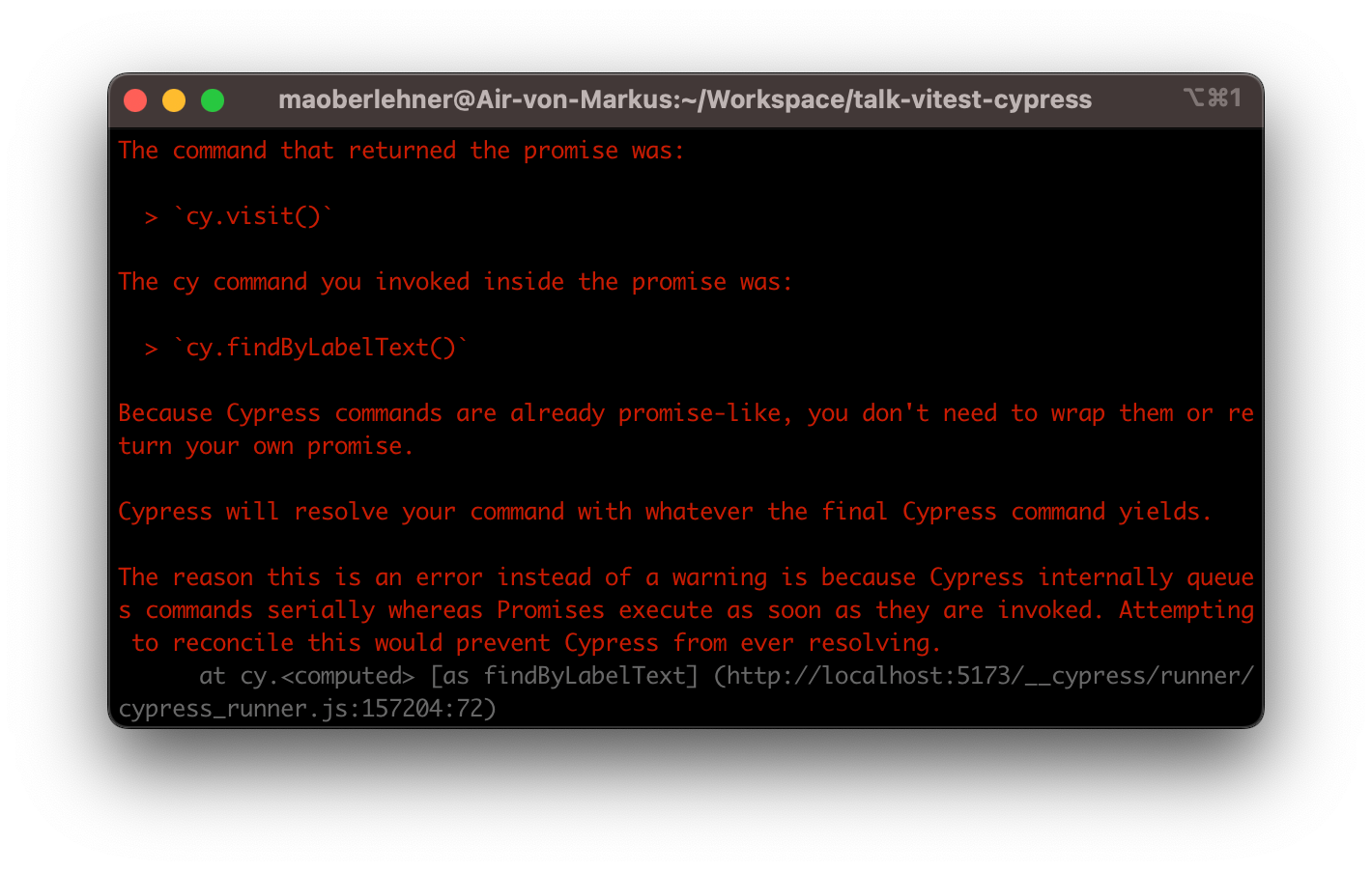 Cypress error message when using Promises.