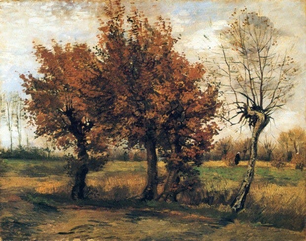 autumn paintings by famous artists Vincent van Gogh, Autumn Landscape with Four Trees, 1885, Kröller-Müller Museum, Otterlo