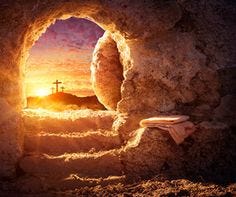 This contains an image of: Empty Tomb With Crucifixion At Sunrise - Resurrection Concept Stock Photo
