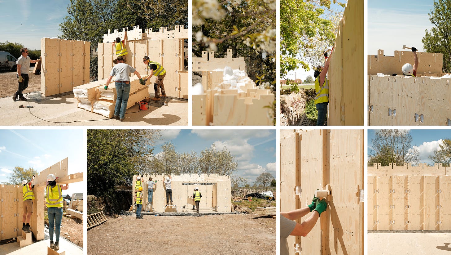 collection of images showing a team of people building with WikiHouse Skylark at various stages