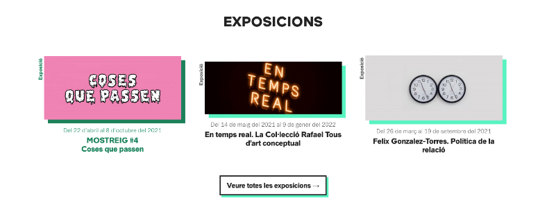 Un estratto dell'homepage in catalano del MACBA con le esposizioni in corso: "Cose que passen·, "En temps real. Collecciò Rafael Tous" e "Felix Gonzalez-Torres. Polìtica de la relaciò".