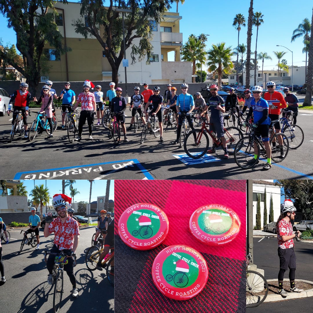 A collage of images featuring bicycle cyclists standing with bicycles in a parking lot getting ready to go on a ride. Approximately 20 riders. Palm trees line the road behind them and an apartment complex rises above in the background.