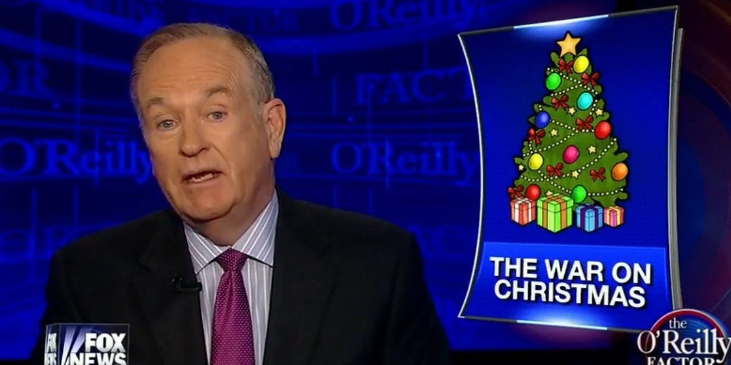 Screenshot of Bill O'Reilly on Fox News with graphic that says "The War on Christmas"