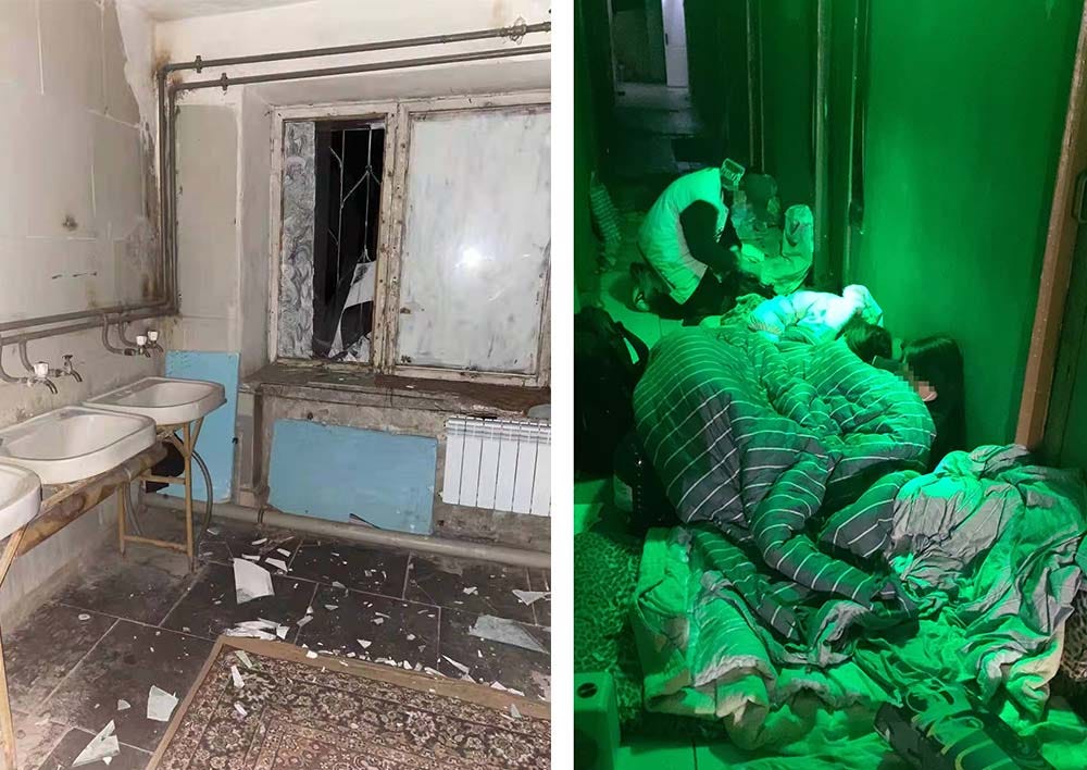 Left: Shattered windows after an explosion at Xu’s dormitory building; right: Xu and fellow students on the first floor of their dorm after the explosion, in Kharkiv, Ukraine, March 1, 2022. Courtesy of Xu Shijie