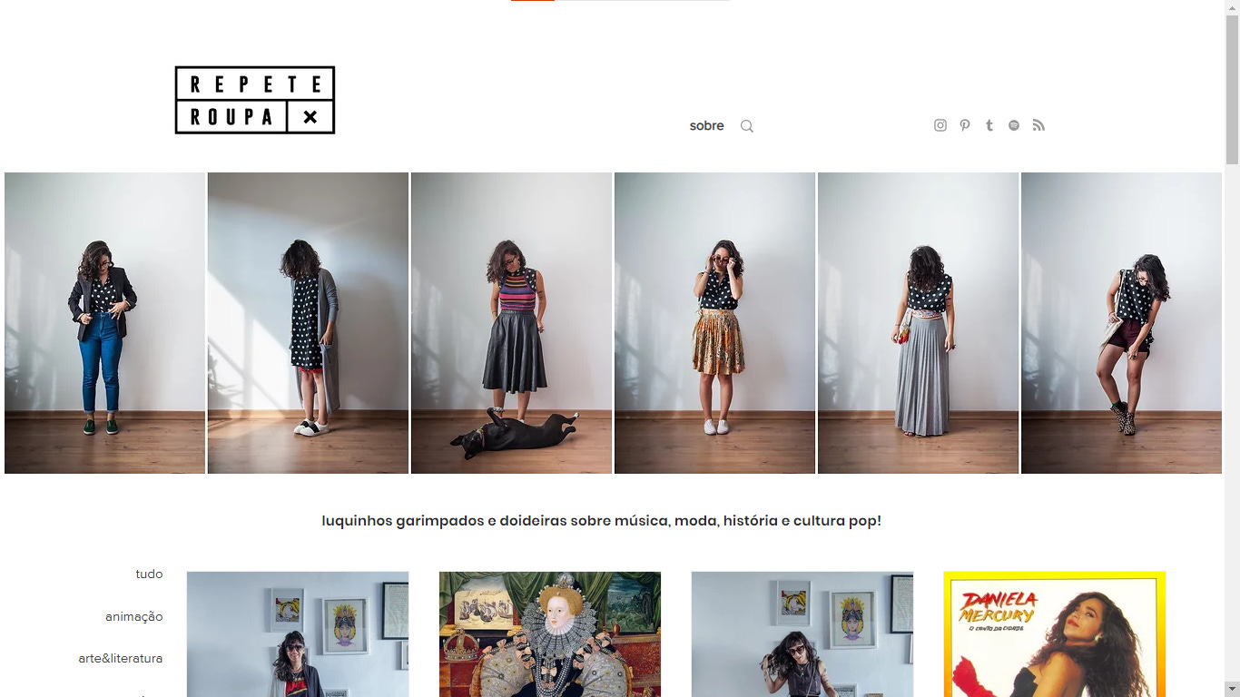 Captura de tela do blog "Repete roupa". Fundo branco, textos em preto. Na parte superior, uma galeria de fotos de uma mulher branca com diferentes looks de roupa.