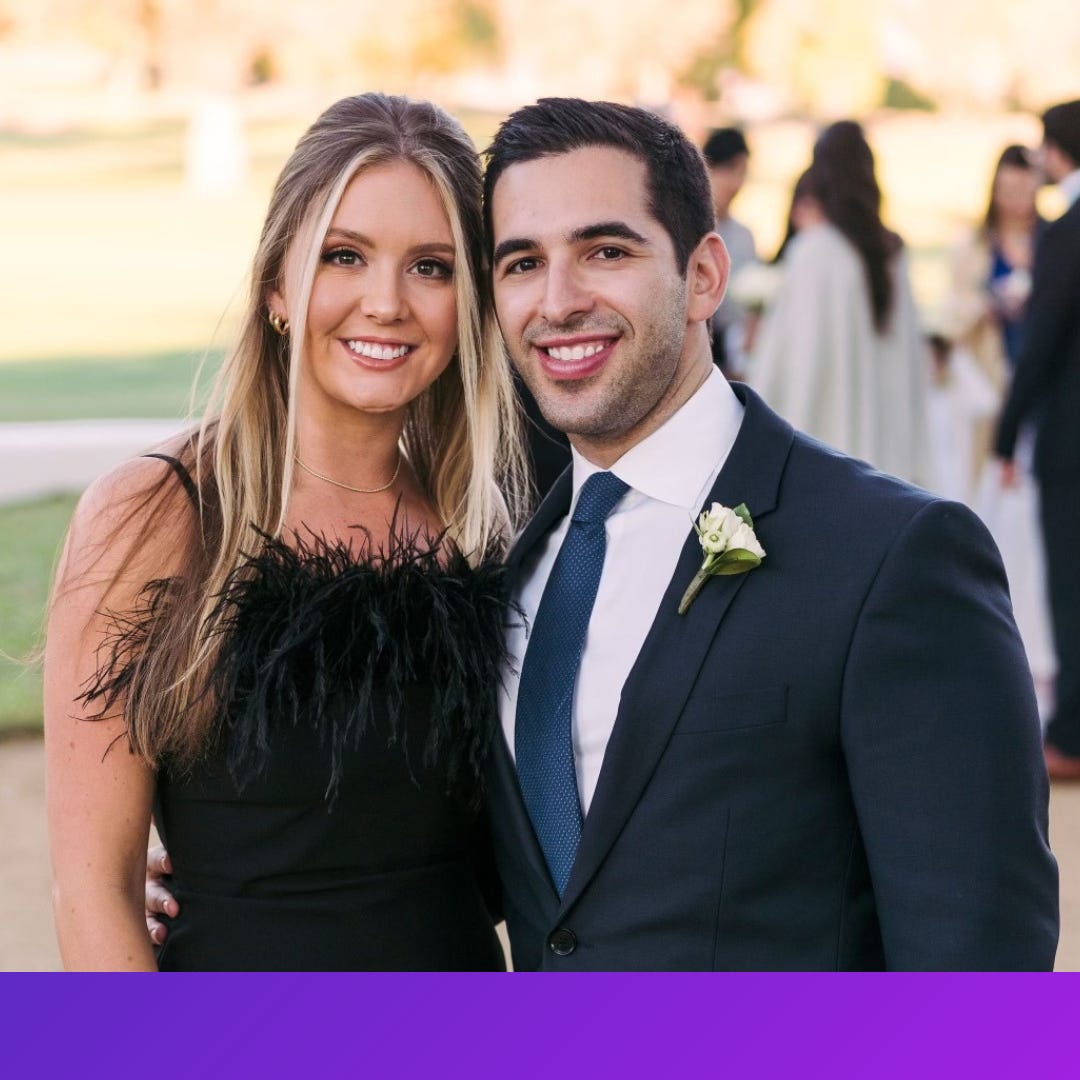 jason friedman and his girlfriend micayla in black tie attire, attending a family wedding in 2021. 