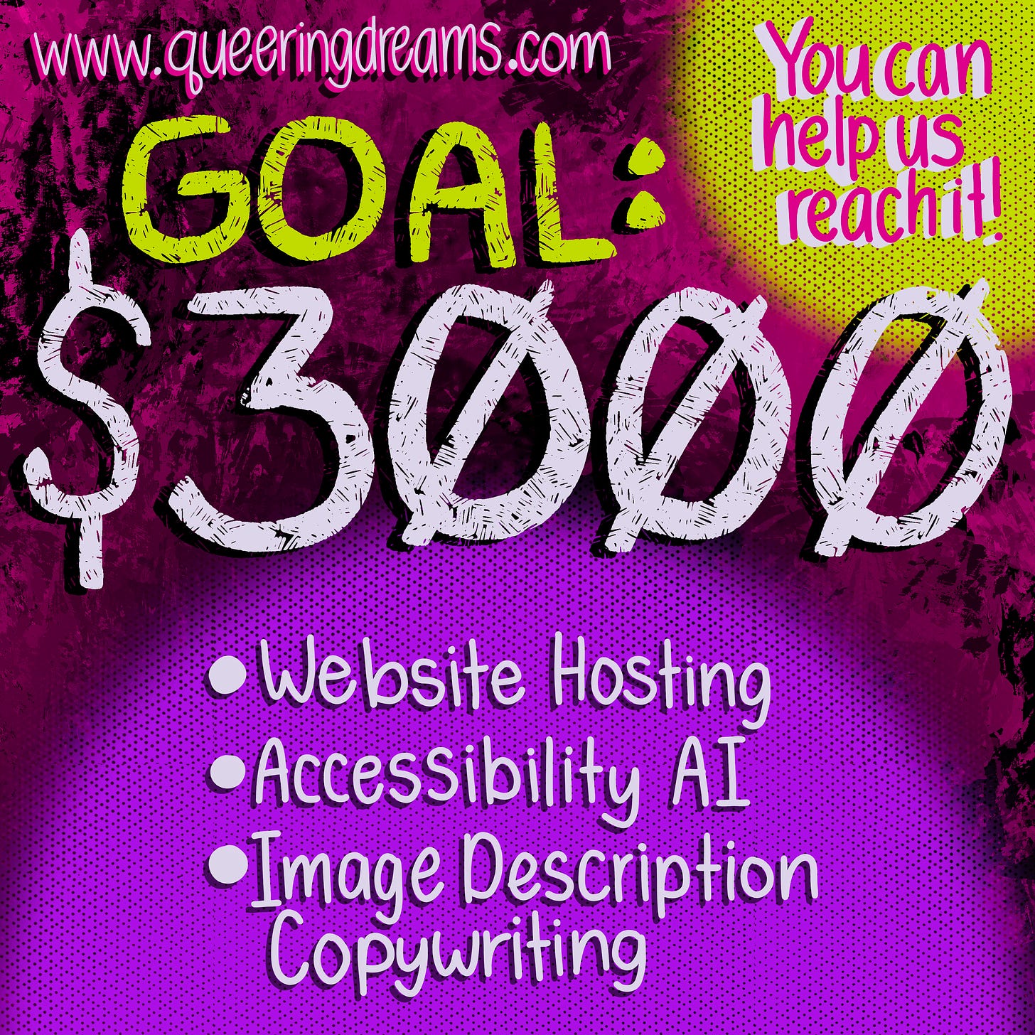 “Goal: $3000. You can help us reach it. Supports website hosting, accessibility AI, image description copywriting,” in hand lettering against purple & yellow dots. www.queeringdreams.com. All set against a pink with black splotchy paint background.