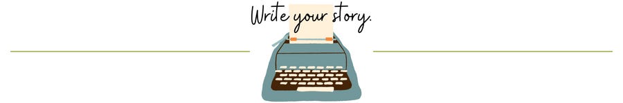 Illustration of a blue typewriter with the caption "write your story"