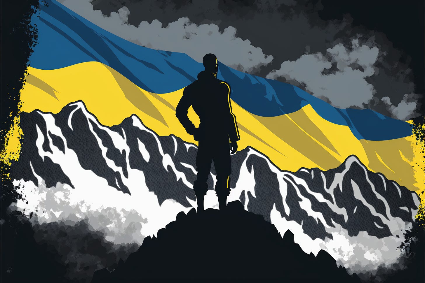 a Ukrainian flag against a silhouette of a mountain range, graphic novel