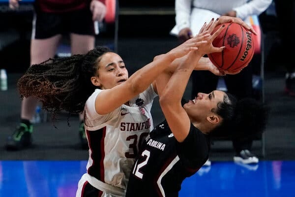 Stanford’s Haley Jones blocking a shot by South Carolina’s Brea Beal. Jones led Stanford with 24 points.