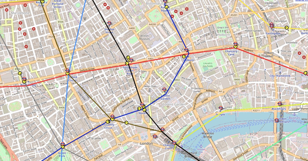 This shows a map of Central London. The lines on the map are the colours of London Underground Lines. They are covered in yellow dots