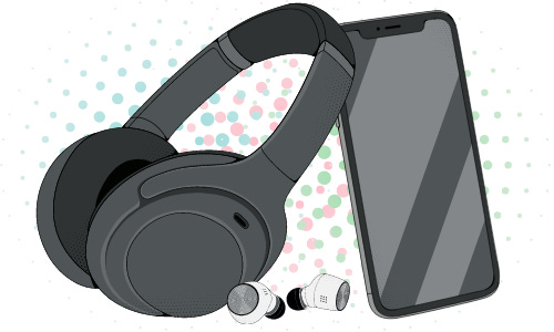 illustration of wireless headphones and ear buds leaning next to a black mobile phone, with blue-pink-green dots in the background