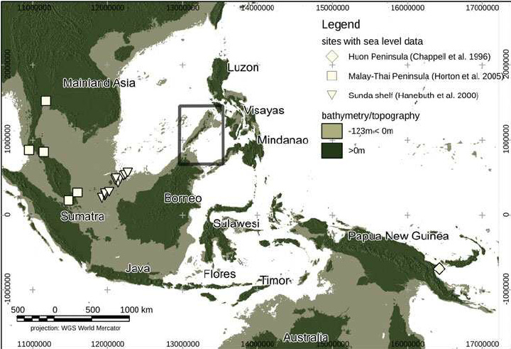 Relief map of Southeast Asia showing present day (> 0 m) and LGM ( −... |  Download Scientific Diagram