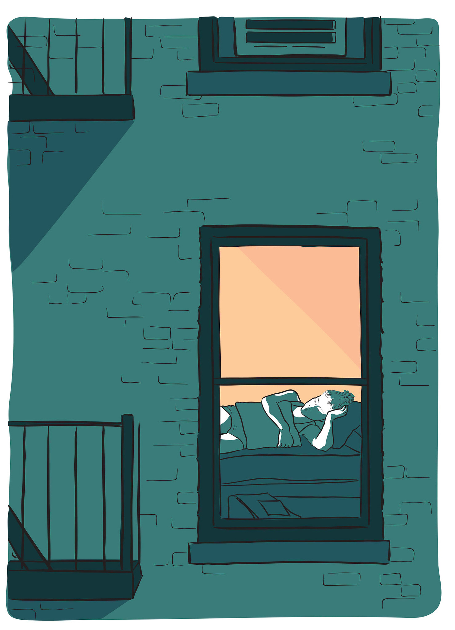 Artwork from Seek You. it is blue-toned and features a building with a window. Through the window, you can see a single person laying in a bed alone.