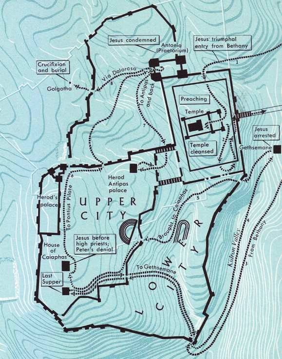 Possible route for Jesus in Jerusalem: trial, judgment and crucifixion