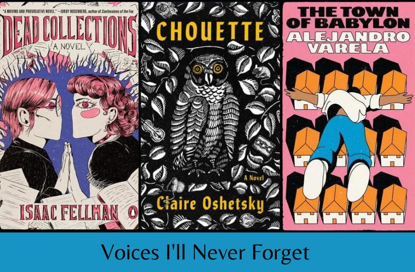 Covers of the three books mentioned below, above the words “Voices I’ll Never Forget” on a blue background.