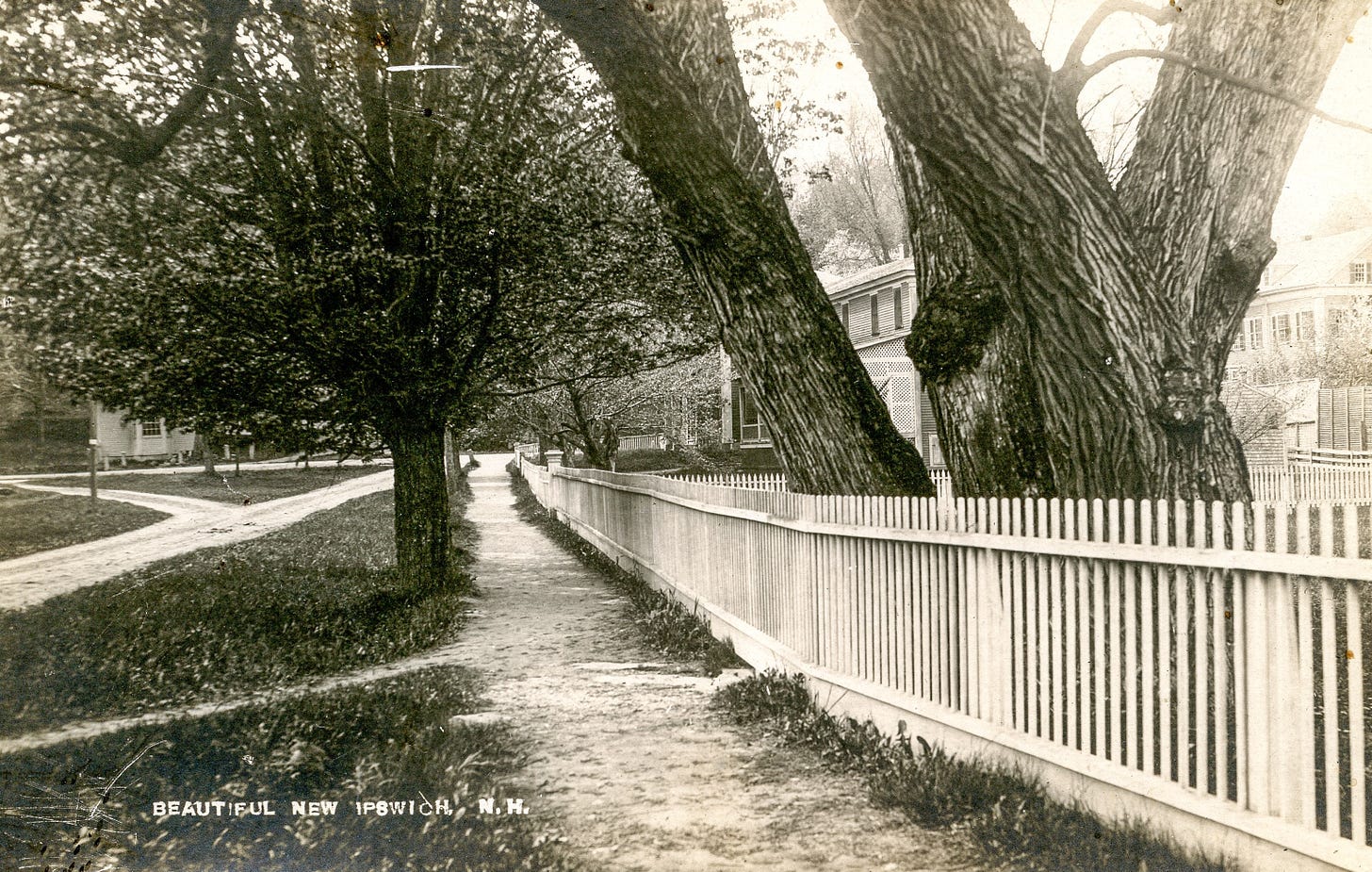Sidewalk with white picket fence