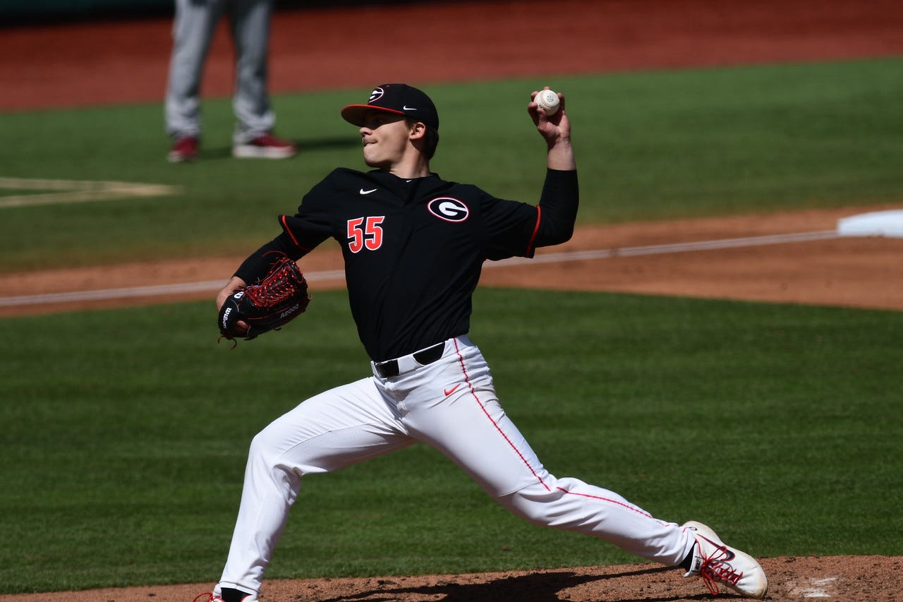 Georgia pitcher Ryan Webb (55) during a game against South Carolina at Foley Field in Athens, Ga., on Saturday, April 3, 2021. (photo by Rob Davis)