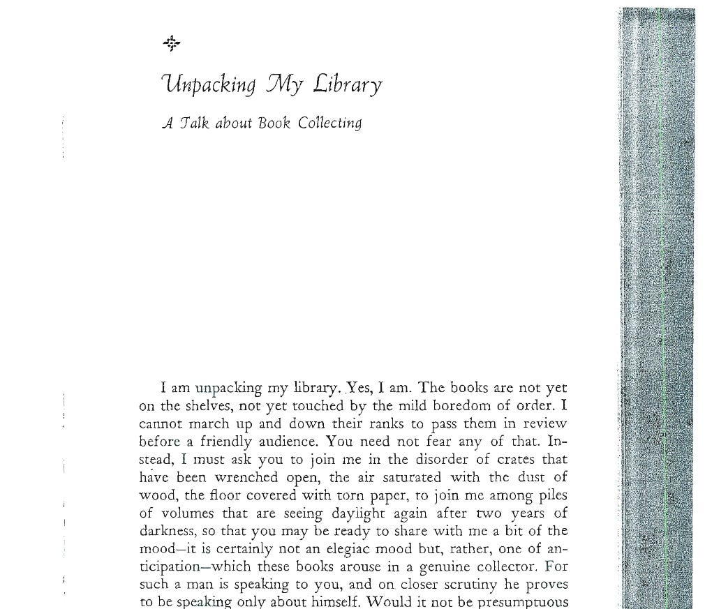 Screenshot of a fragment of the scanned version of the first page of Unpacking My Library by Walter Benjamin