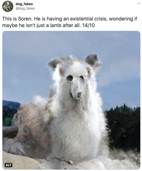 This is Soren. He is having an existential crisis, wondering if maybe he isn’t just a lamb after all. 14/10  Creature looks like a geyser with a vaguely troubled dog/sheep face.