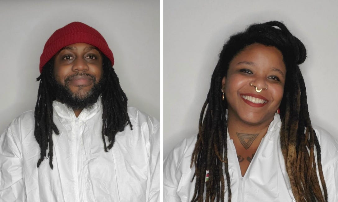 Image description: In this left image, Terry Marshall is poised in front of a white wall, wearing a red cap with dreadlocked hair. He wears a white Tyvek suit. In this right image, Aisha Shillingford is poised in front of a white wall, wearing a white Tyvek suit with dreadlocked hair and a Septum ring. She has a tattoo on her neck.  