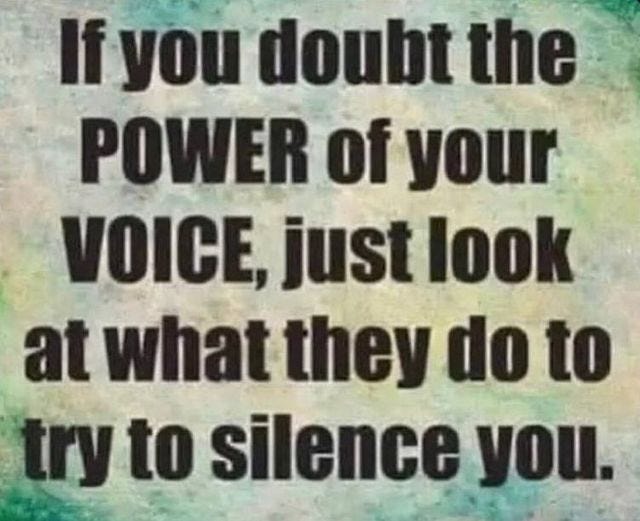 May be an image of text that says 'If you doubt the POWER of your VOICE, just look at what they do to try to silence you.'