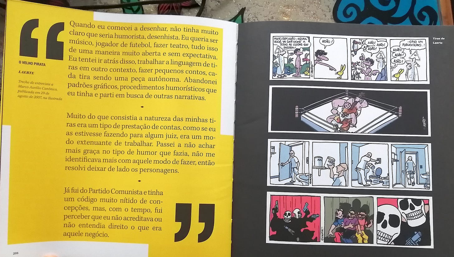 tiras ilustradas da cartunista Laerte em páginas do livro Ilustrada 50 anos, da Folha de São Paulo.