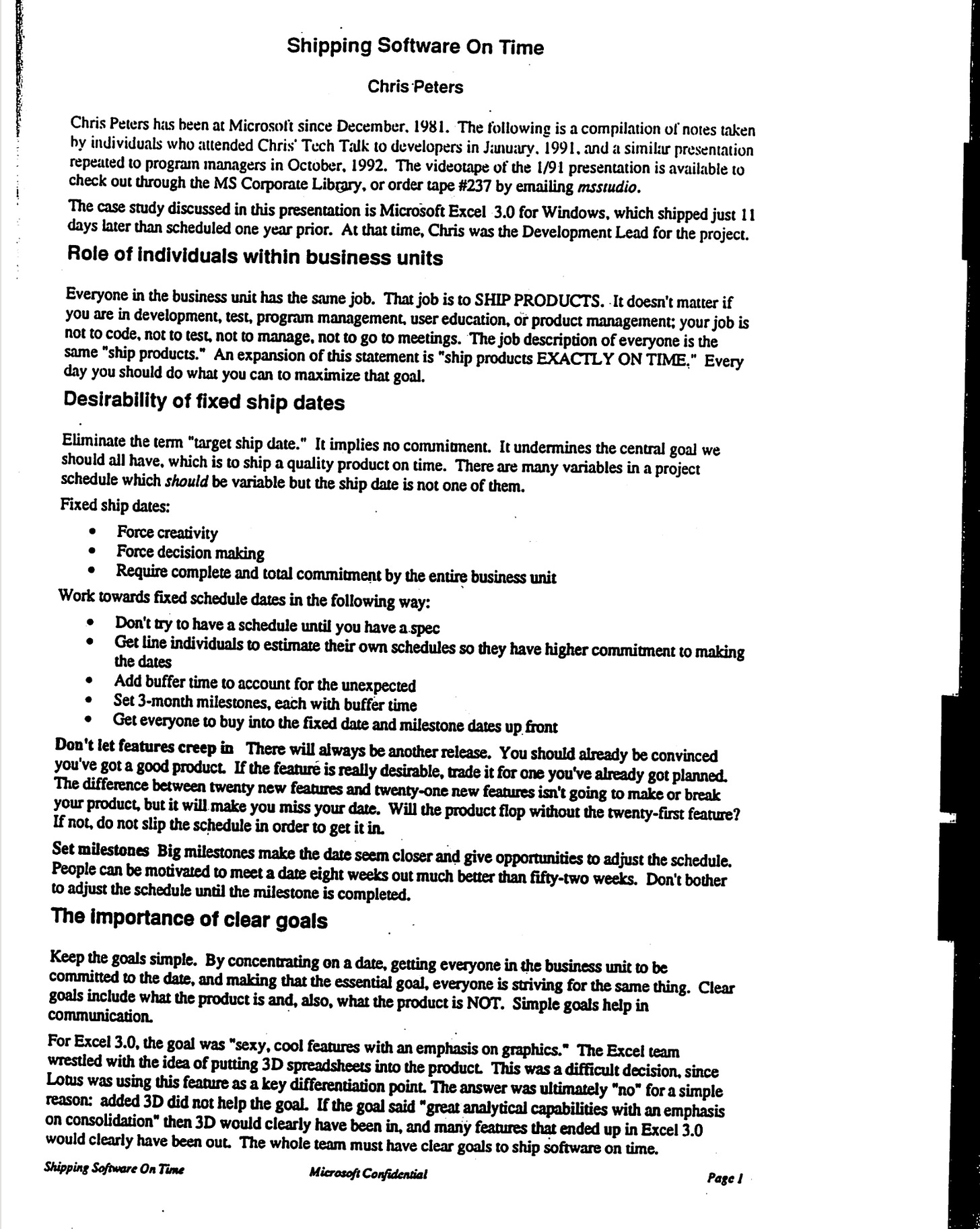First page of photocopied memo about shipping software from Chris Peters.