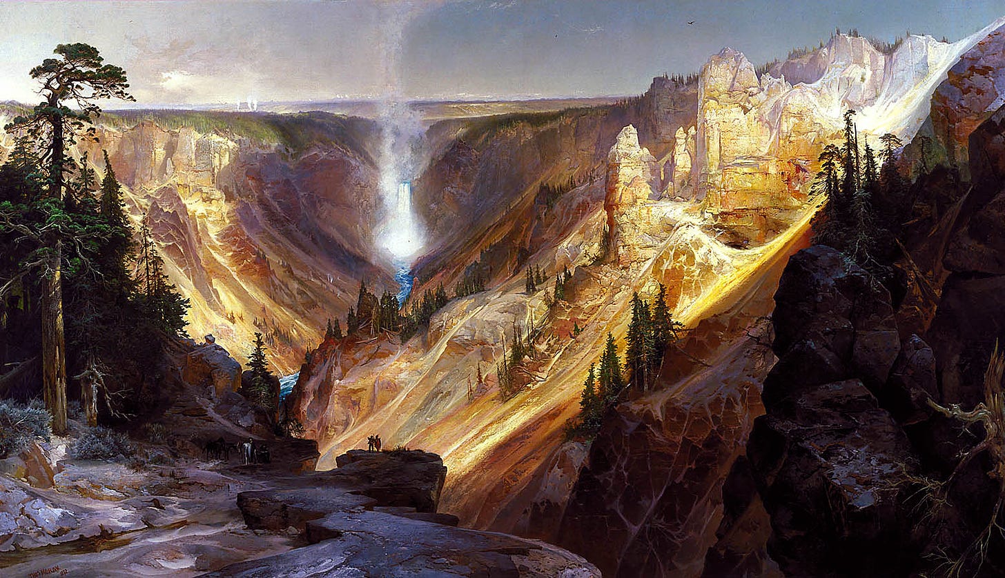 An oil painting of a tall waterfall flowing into a wide canyon with bare rock walls.