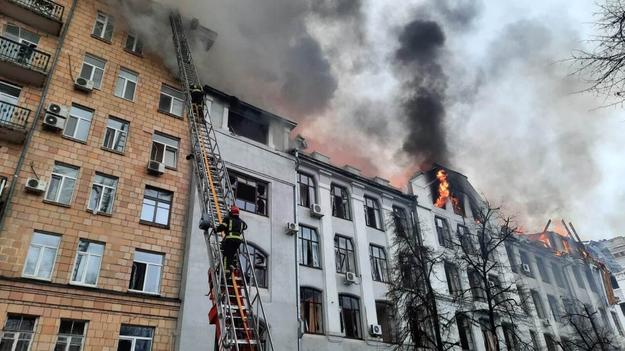 Damaged buildings in Kharkiv, Ukraine, after a reported Russian strike on March 2.