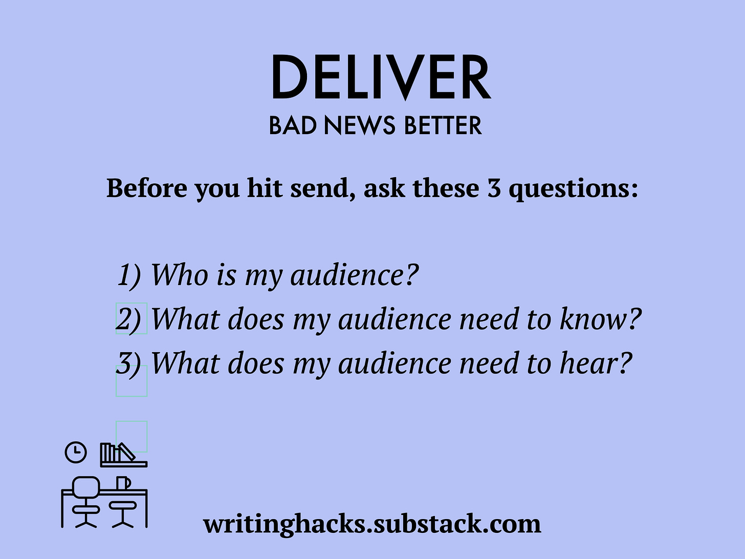 To deliver bad news better, ask: who is my audience? what does my audience need to know? what does my audience need to hear? click on image to go to full text version