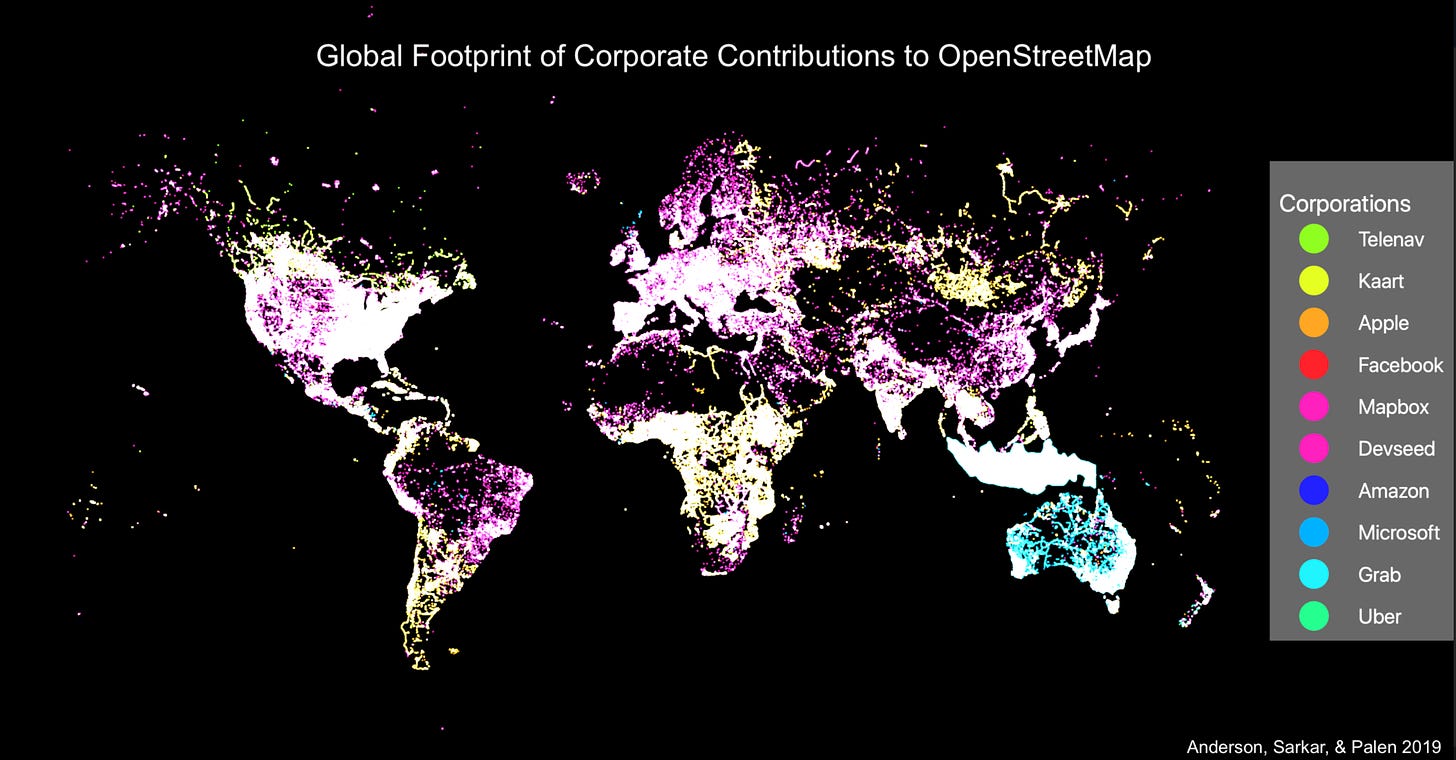 Ten companies have emerged as big behind-the-scenes players in OpenStreetMap, an open-source mapping service. 