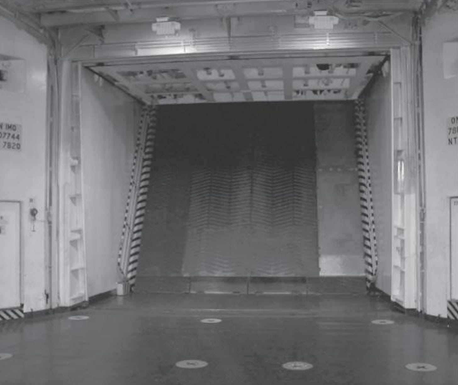 Loading ramp, as seen from inside. This loading ramp folds up and provides the watertight seal. It is concealed behind the bow visor. With the ramp up, it is not possible to see the bow visor. The bow visor’s purpose is to act as a wave break, but is not watertight.