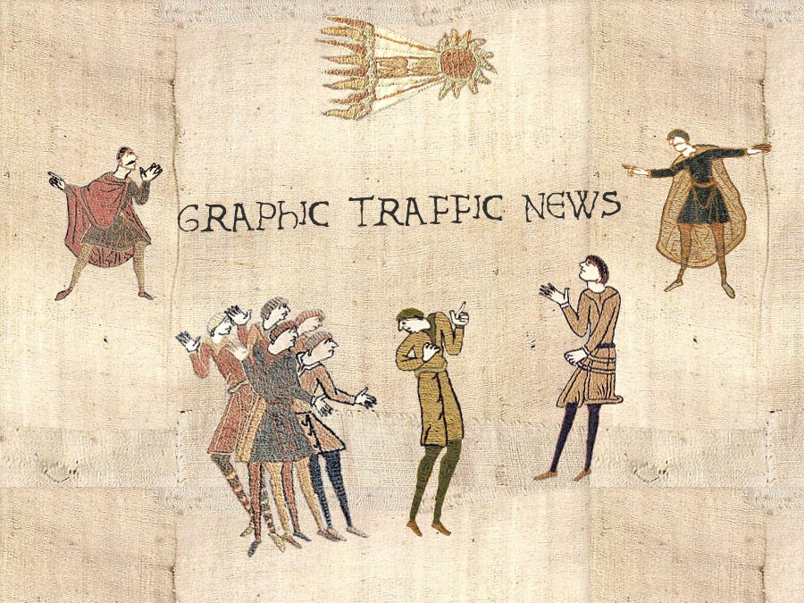 Mock Bayeux Tapestry scene, including comet, by Howard Lake, with the text 'Graphic Traffic News'
