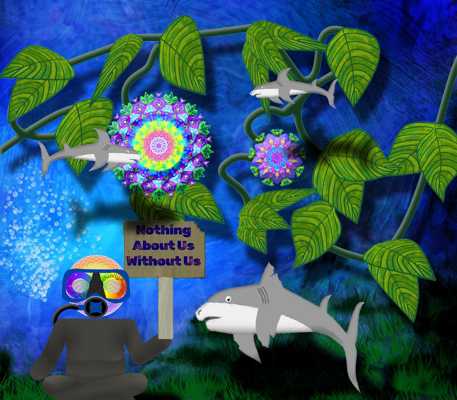 A surreal underwater garden. It has a vine snaking across with two giant multi-colored flowers and many leaves. Two sharks swim amongst the leaves. Another shark with several damaged fins swims at the bottom, next to a scuba diver sitting on the ground with a protest sign that says “Nothing About Us Without Us.”