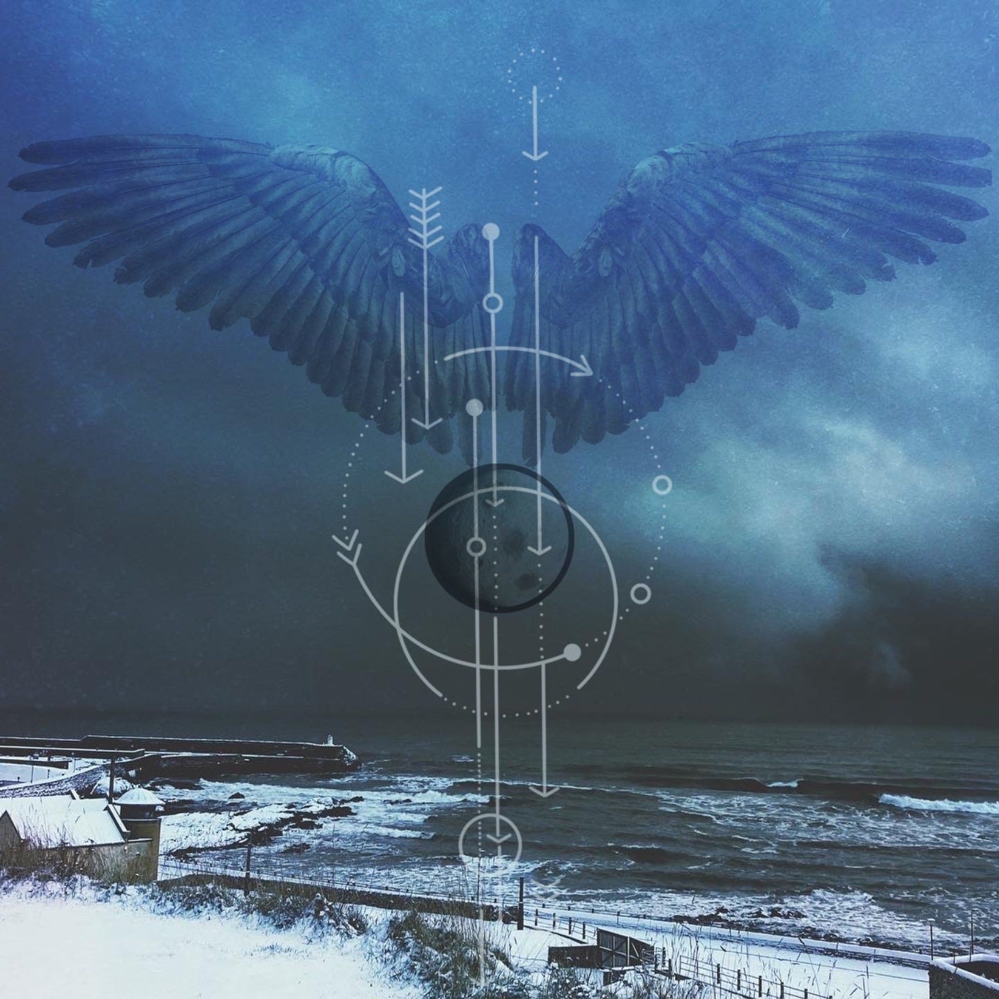 Digital collage of a photo of the North sea in a snowstorm with the wings of a raven and a dark moon superimposed with arrows and circles descending to earth