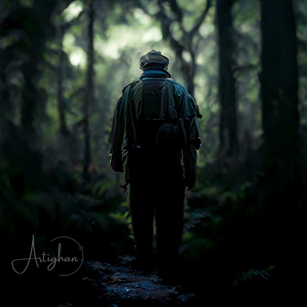 Isolated man in a dark forest