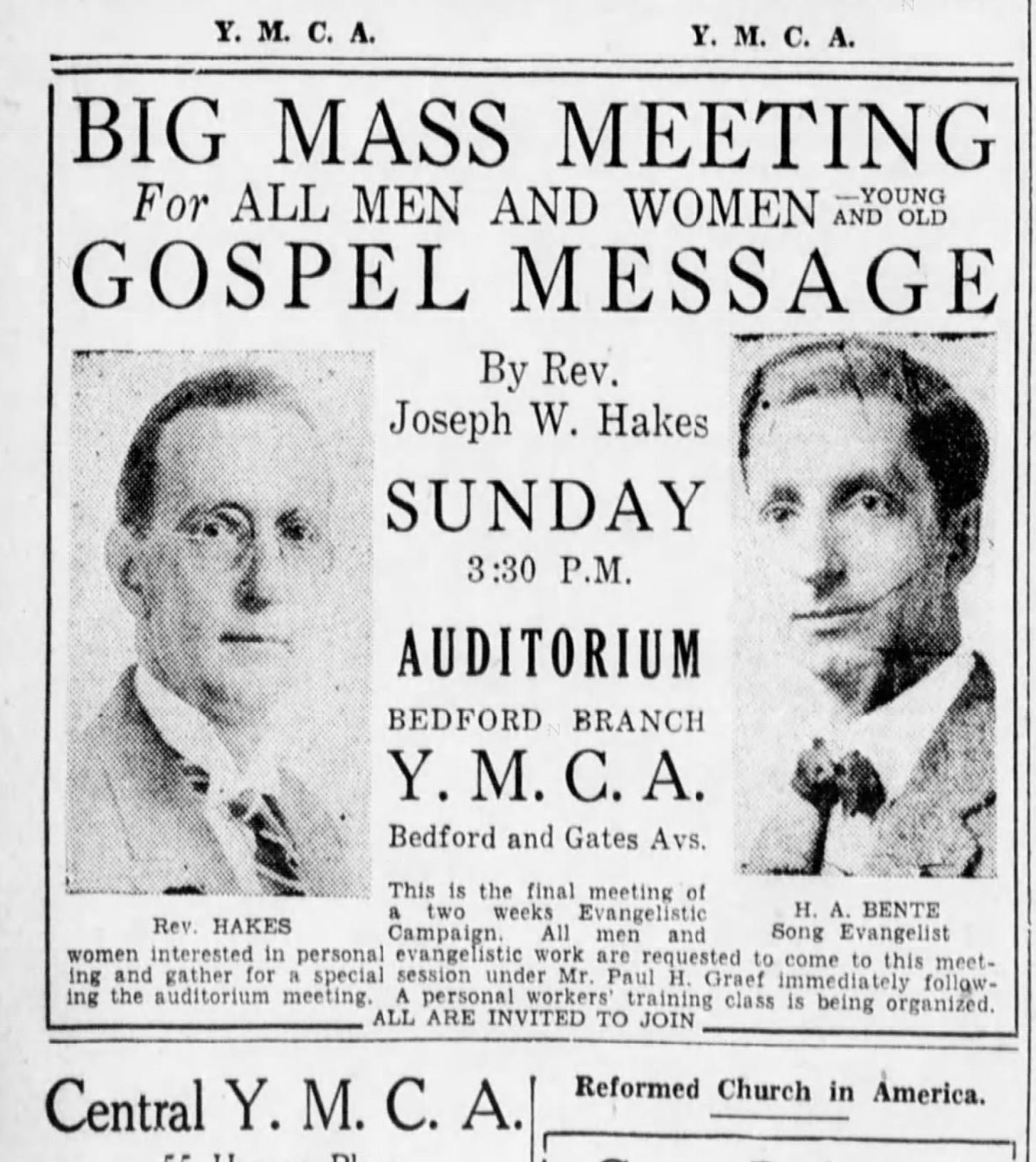 Image shows a newspaper advertisement for a gospel meeting at the YMCA. The image contains information about the meeting and also shows the two preachers featured.