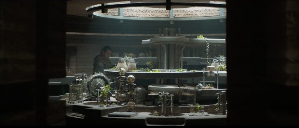 Image description: Still from inside an old ecological terraforming station on Arrakis. Inside a lab with a bunch of green plants. End image description.