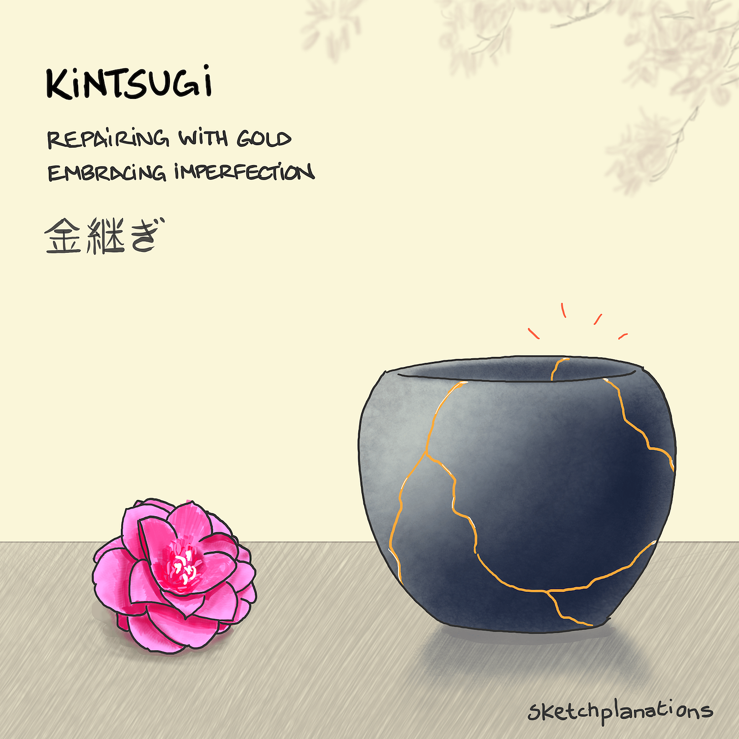 A bowl repaired with kintsugi with bright gold seams visible next to a flower