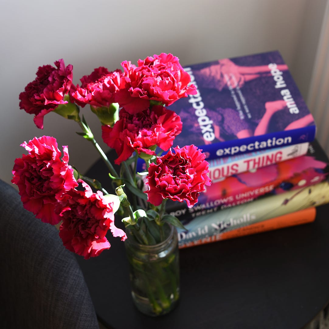 Sunshine on deep pink flowers, in the background a stack of books can be seen. 