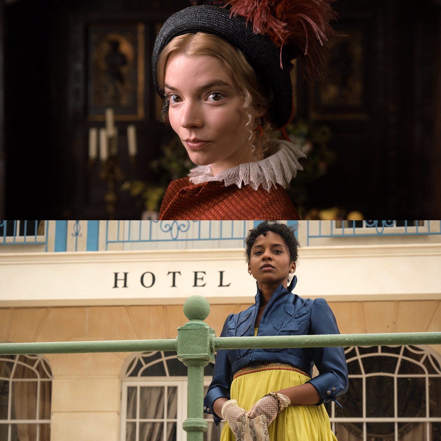 A collage of portraits of Emma Woodhouse, top, and Georgiana Lambe, below, as portrayed by actors Anya Taylor-Joy and Crystal Clarke, with the caption: Young, powerful heroines are a rarity in Jane Austen and in the Regency - but they can be found, in Emma Woodhouse, portrayed by Anya Taylor Joy in Autumn De Wilde’s 2020 film adaptation of ‘Emma,’ and in the ‘Sanditon’ character of Miss Georgiana Lambe, portrayed by Crystal Clarke in PBS’s series. 