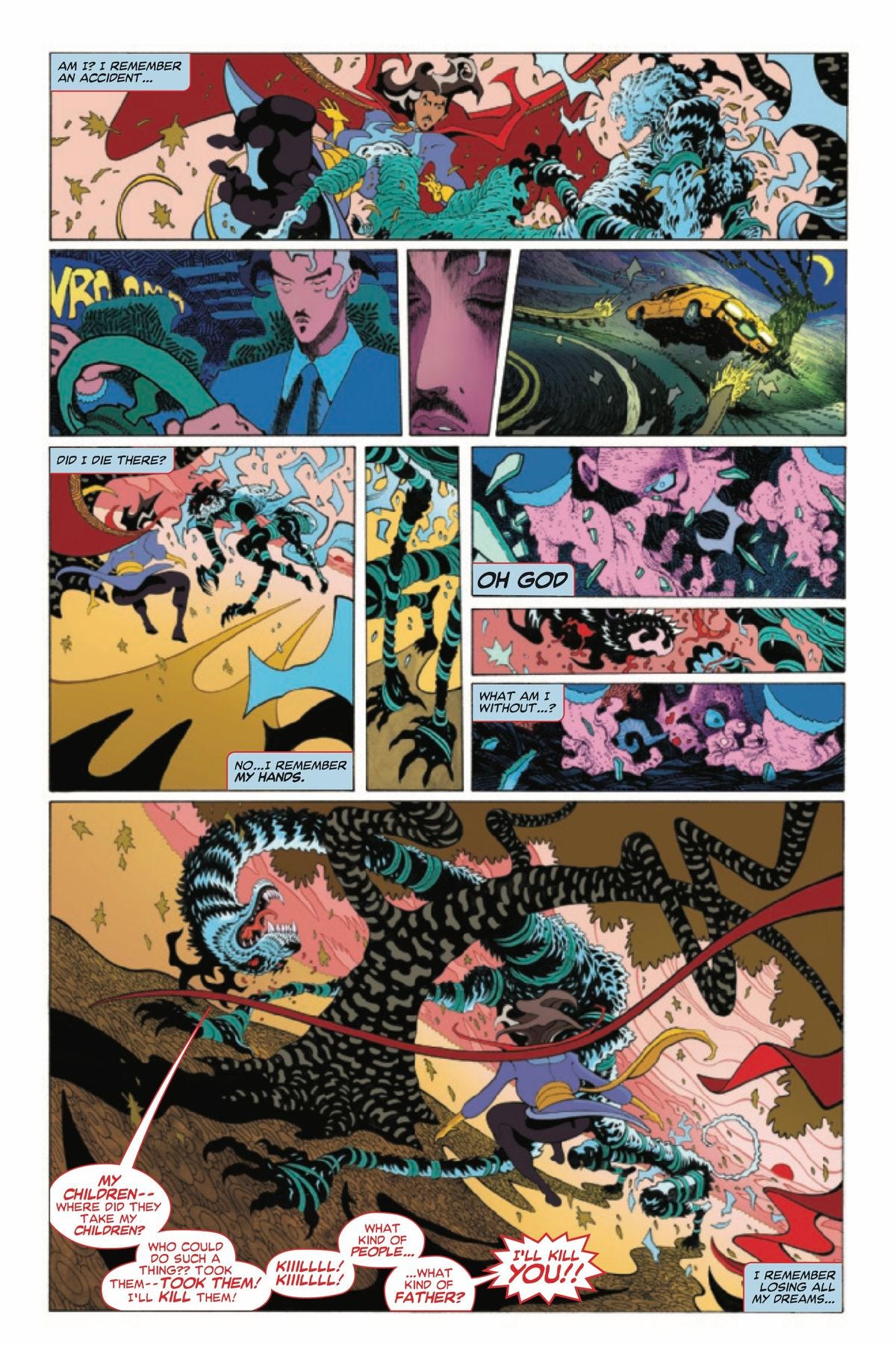 A page from Doctor Strange #1 (Marvel Comics, 2022) where dreamlike scenes from Doctor Strange’s origin story are intercut with a scene in the present where Doctor Strange fights a ghost tiger.