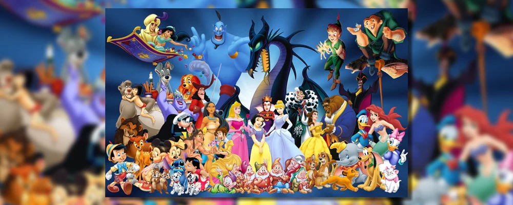 A beautiful image of all of Disney's 2D animated characters from before 2000.