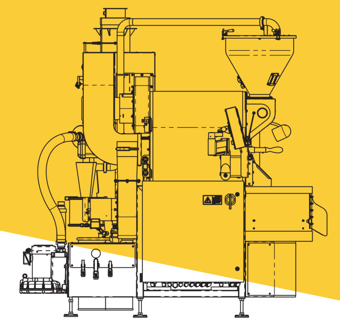 A diagram of the Loring S15 Falcon coffee roaster black pencil lines on yellow background.