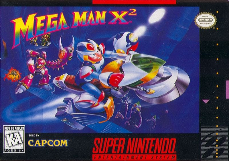 The box art for Mega Man X2, featuring X in his fully upgraded armor, riding a vehicle, and being chased by one of the game's robot masters.