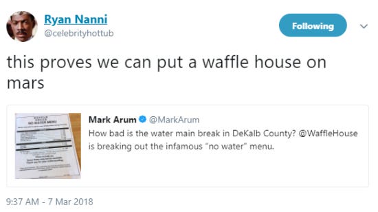 Screenshot of a funny tweet about Waffle House