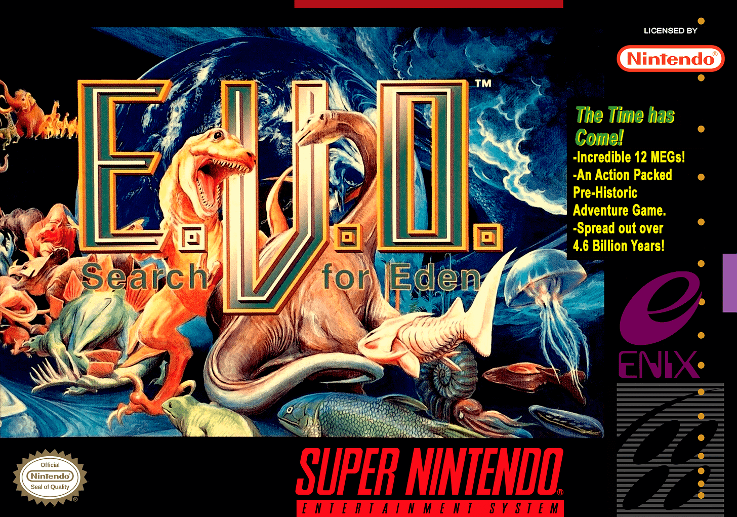 The North American box art for E.V.O., featuring fish, dinosaurs, and more life you'll encounter in your quest through time.
